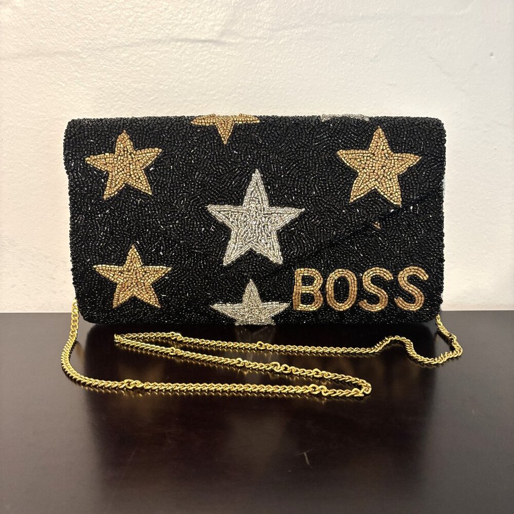 Black Beaded Gold Silver Stars Beaded "Boss" Crossbody Clutch